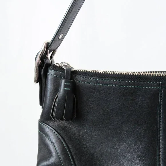 VINTAGE 90S COACH Leather Satchel Mini /Black W/ Green Stitching Chic & Sleek~ - Picture 6 of 11